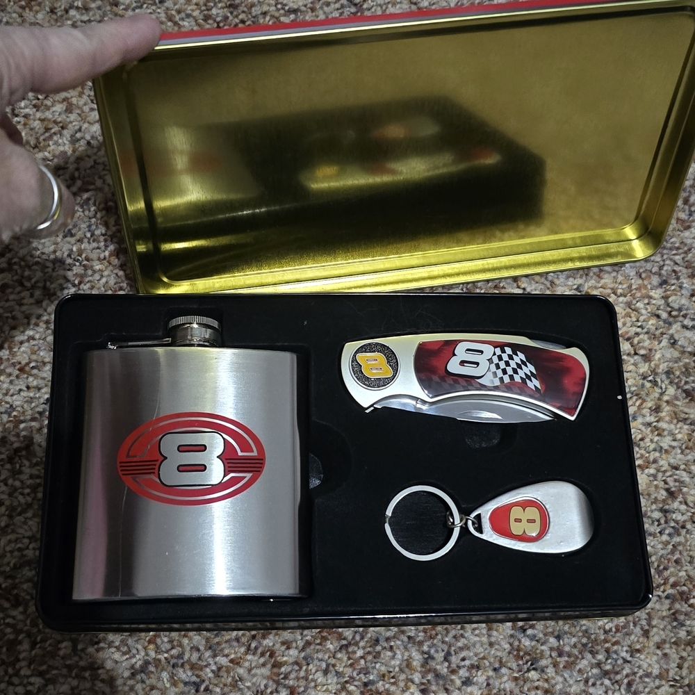 Dale Jr Silver and Red Flask Gift Set and Dale Earnhardt Clock